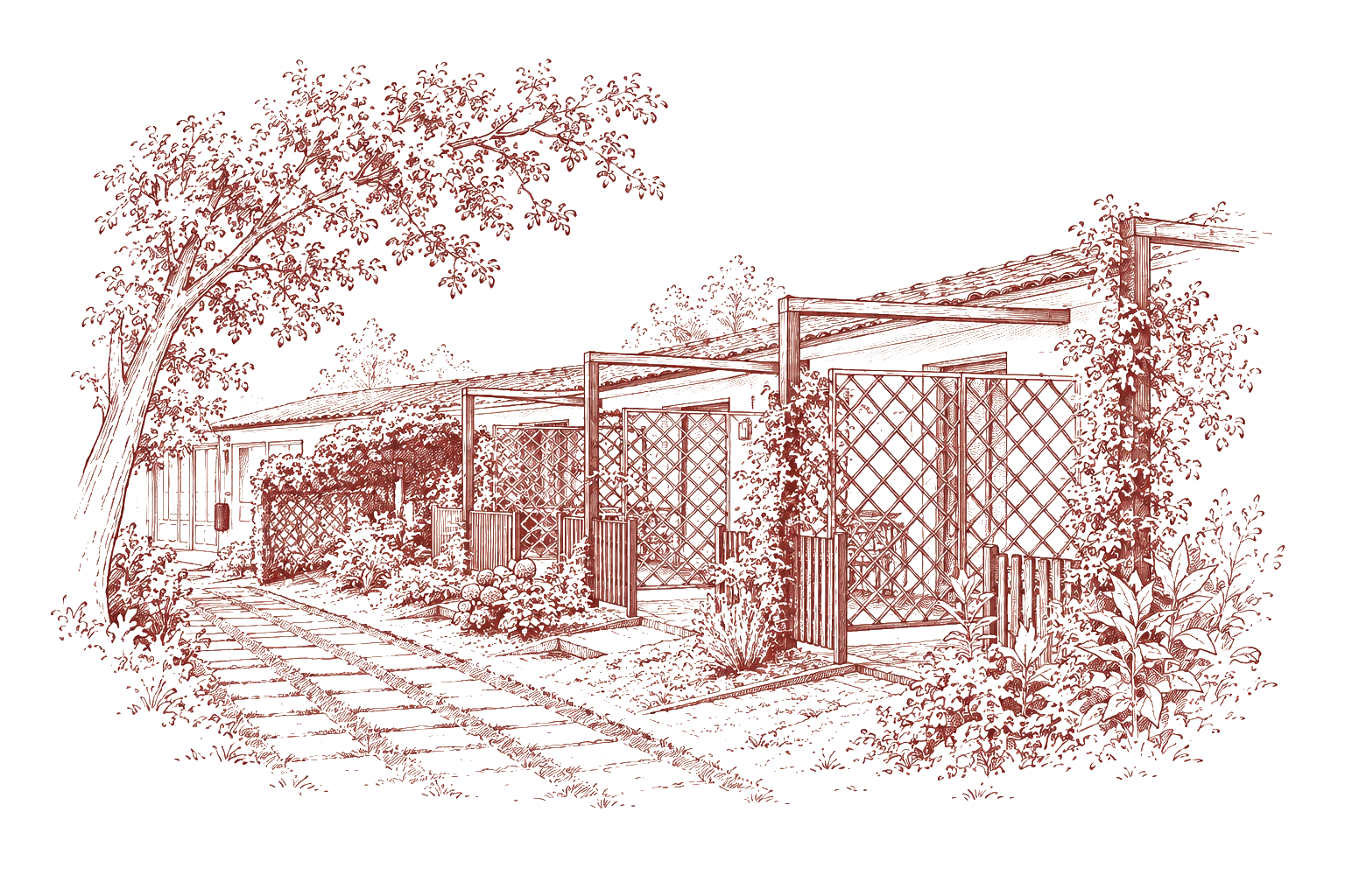 Sketch das suítes com pérgulas e jardim da Quinta das Essências